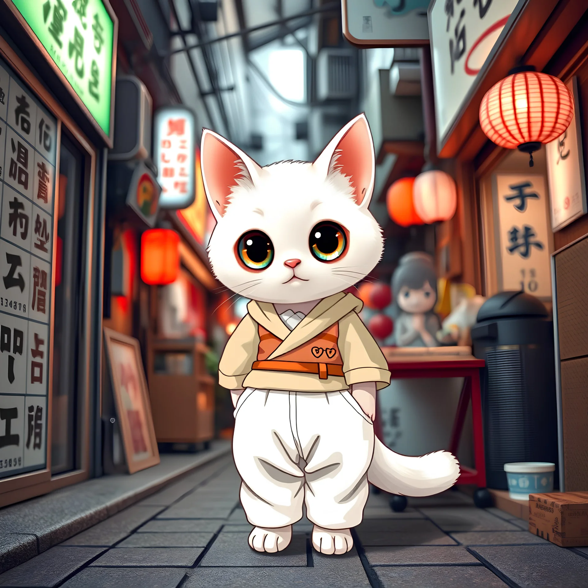 A Japanese back street interior shot by an anthropomorphic cute little white exotic shorthair wearing white loose pants, Bōsōzoku style clothes, and big round eyes and short ears.