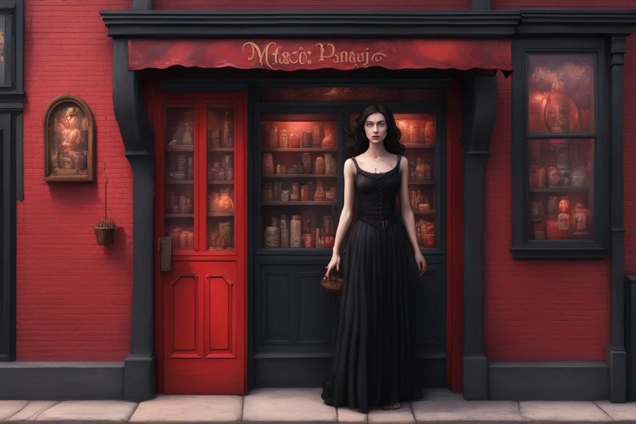 Photorealistic image of a slender, young woman with dark hair, in a witchy, black dress, no hat, leaning back against a shop door with red-painted, large, multi-paned windows on either side of a red-painted multi-paned door. Walls made of brick. The shop is selling magic gifts and trinkets. Large sign over the door.