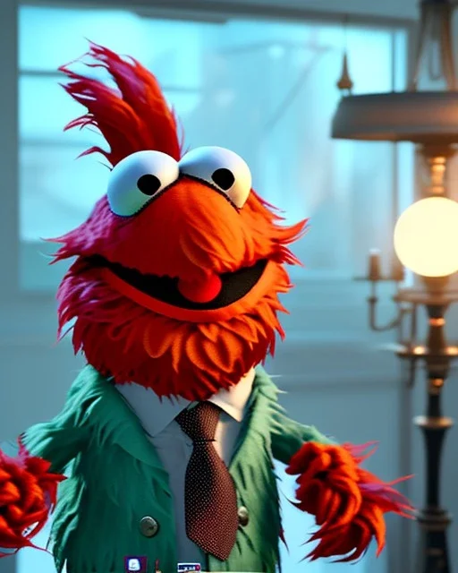 hybrid, Elmo muppet head, real human body, human arms and hands, Shirt and tie, concept art, smooth, unreal engine 5, god lights, ray tracing, RTX, lumen lighting, ultra detail, volumetric lighting, 3d, finely drawn, high definition, 4k.