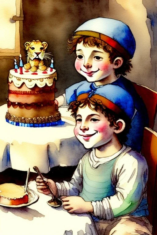 A cute smiling boy wearing a kippah. Boy and lion are sitting at a table with a birthday cake. Watercolour