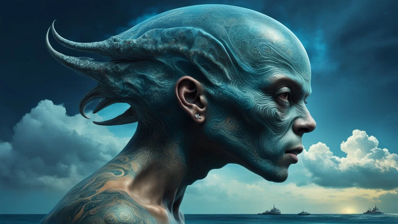 professional portrait of a alien race tatooed typ, the head with 3d bony growths under the skin on the head normal face full body side view the backdrop sea and clouds the sea is ocean_blue the male is natural colored , abstract beauty, approaching perfection, delicate face, dynamic, moonlight, highly detailed, digital painting, artstation, concept art, smooth, sharp focus, illustration, art by Carne Griffiths and Wadim Kashin, shot with Sony Alpha a9 Il and Sony FE 200-600mm f/5.6-6.3 G OSS