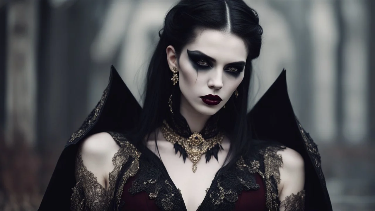 vampire goth fashion, women and men in pale face, black make up, black hair, long pointed dark nails, goth clothes and jewelry, black, silver, gold, burgundy fashion colors, High detailed, sharp focus, looking at the camera, cinematic, masterpiece, high realistic, fashion photo