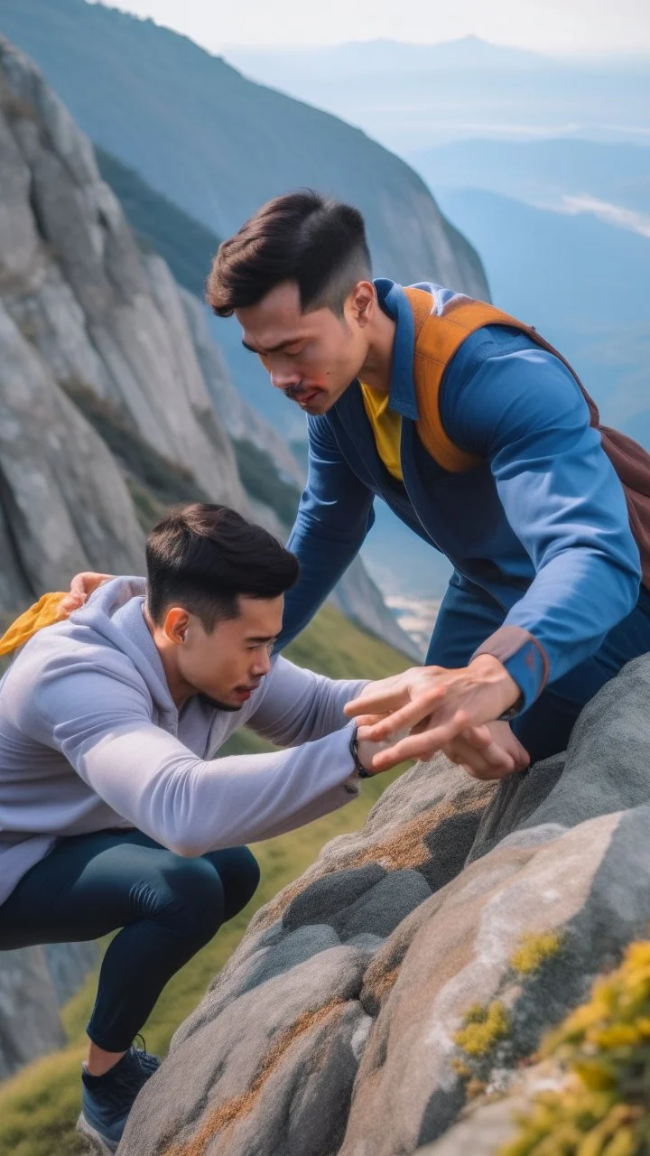 a man trying to help his friend from falling down the cliff by holding his hand while the friend is tangling