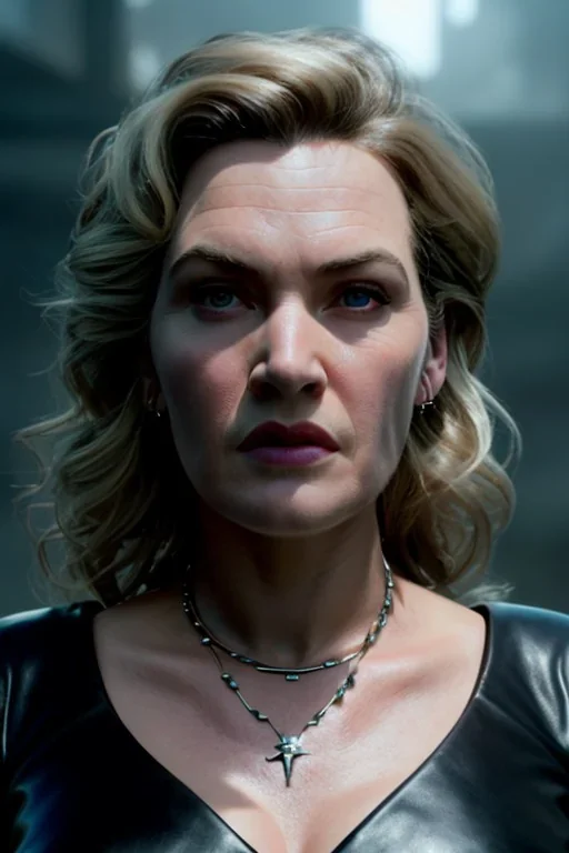 Kate Winslet as evil queen in black leather gown, cleavage, angry, stern look, unreal 5, octane render,cinema4d, dynamic lighting, dramatic lighting, 4k, redshift render, highly detailed, hyper realistic