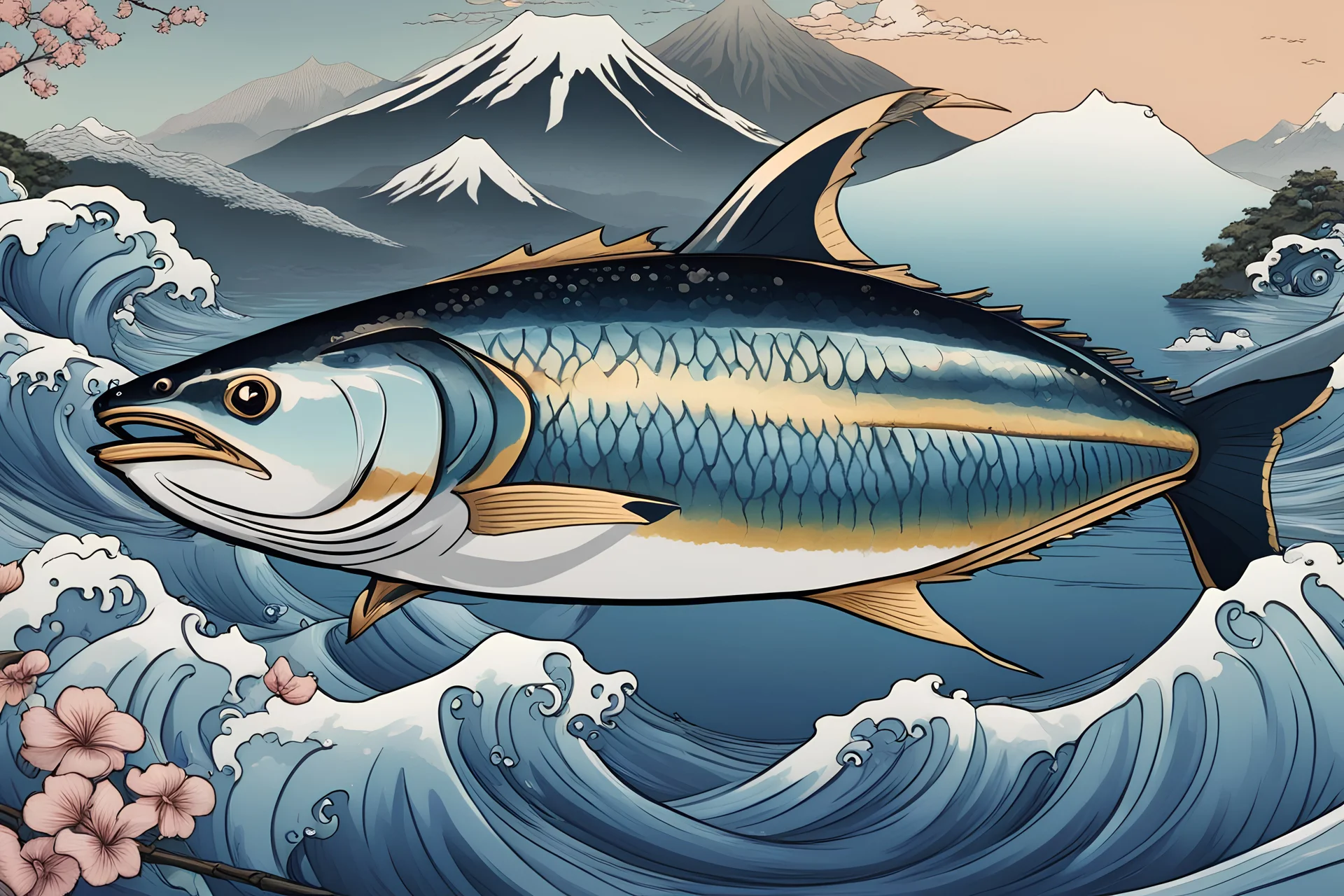 ukiyo e one tuna fish jump on the waves, beautiful mont fuji and japanese mountains backgound, realistic hyperdetailed intricately ink paint draw detailed, unreal engine, intricate detail, splash screen, wave, complementary colors, concept art, 8k resolution, pale skin, twilight, extreme quality, extremely detailed, ultra-detailed face, ultra hd 8k,