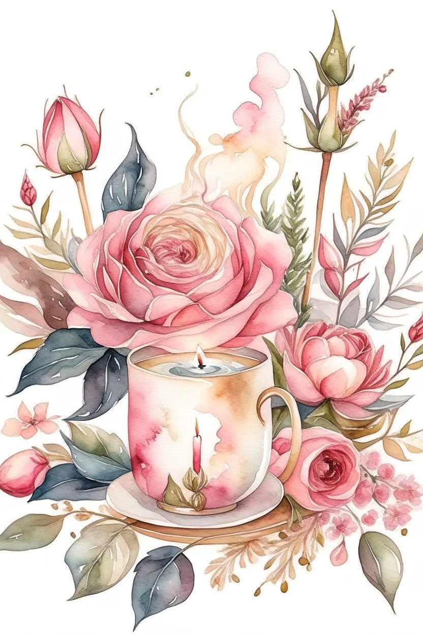 MAGIC WATERCOLOR CANDEL Pale pink roses, white Chinese peony, tiny apple blossoms, eucalyptus leaves, cranberry twigs, sprigs of copper pepper berries - all this is collected in a cute floral arrangement on a pink nickel mug. The mug stands on a thick white book with a picture in a gold cover. A sunny, bright image. Ad copy, huge copy space on top of the image, negative space, HD, 8k, blurred dreamy background,