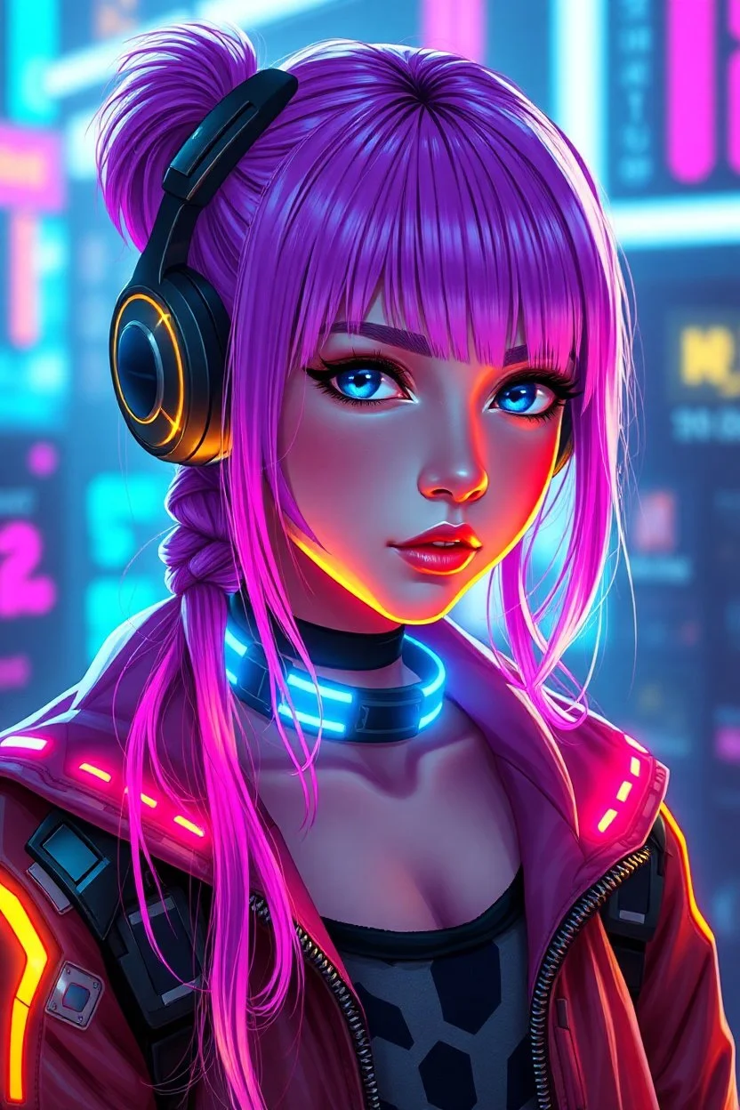 a pretty cyberpunk girl, bright hair, storyteller and dreamer, young, futuristic