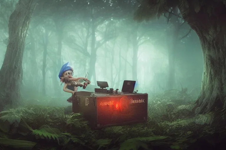 punk gnome playing dj set, fantasy luminous forest background, digital Art, perfect composition, beautiful detailed intricate insanely detailed octane render trending on artstation, 8 k artistic photography, photorealistic concept art, soft natural volumetric cinematic perfect light, award - winning photograph, masterpiece, raphael, caravaggio, greg rutkowski, beeple, beksinski, giger, chiaroscuro, pixar