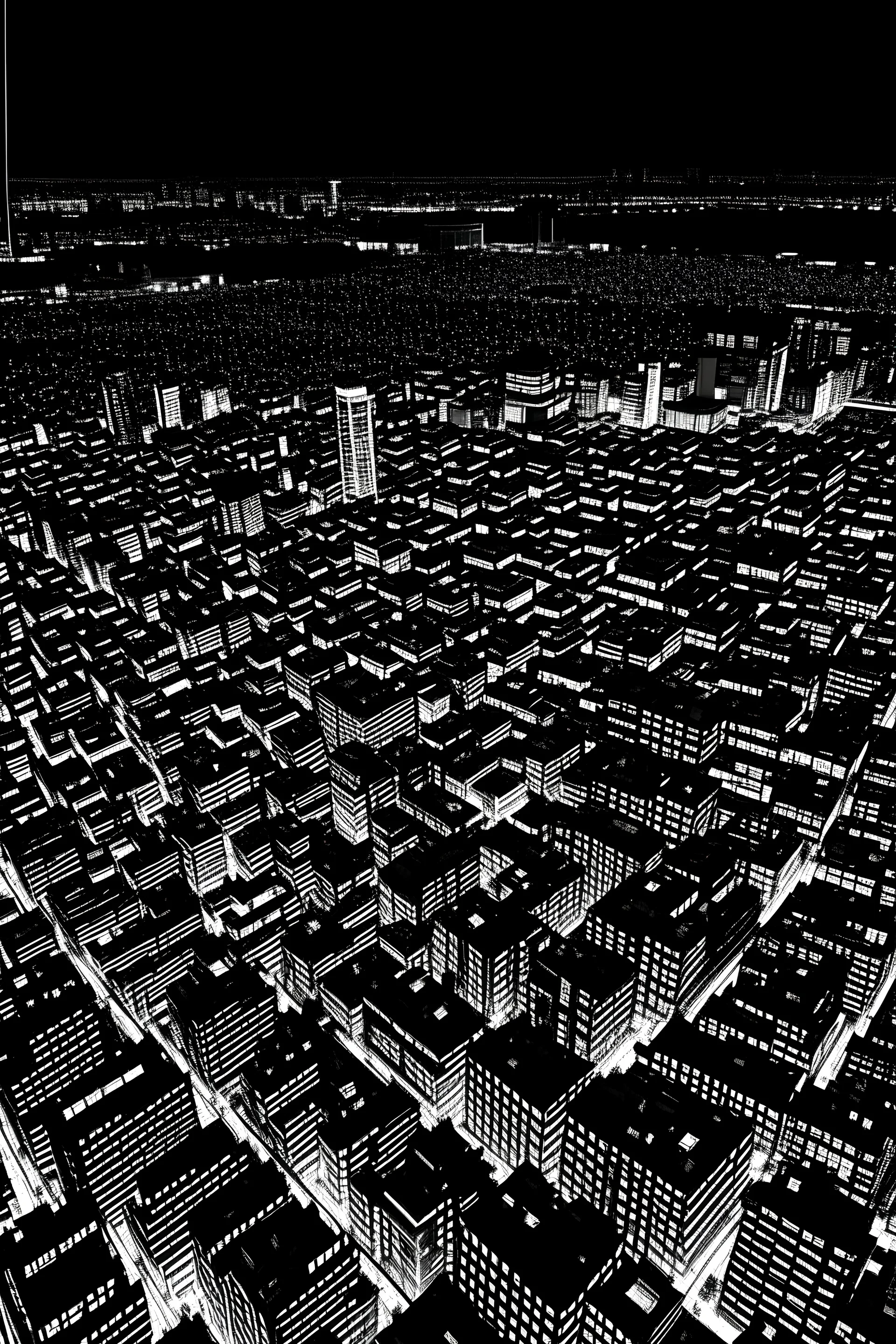 looking down on tokyo at night black and white in the style of hiroku ogai lookin at rooftops rfrom above