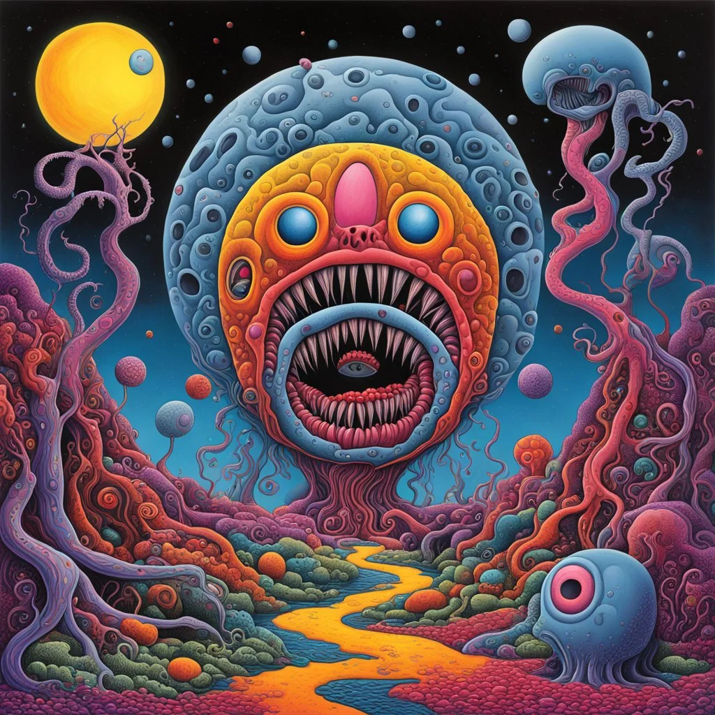 Embryo album cover art, moon gloom strange gurgling, morbid, expansive, surrealism, creepy, artistic, by Peter Shire, by Jim Woodring, bright vivid colors, cel shaded, reflective, sharp focus, sinister