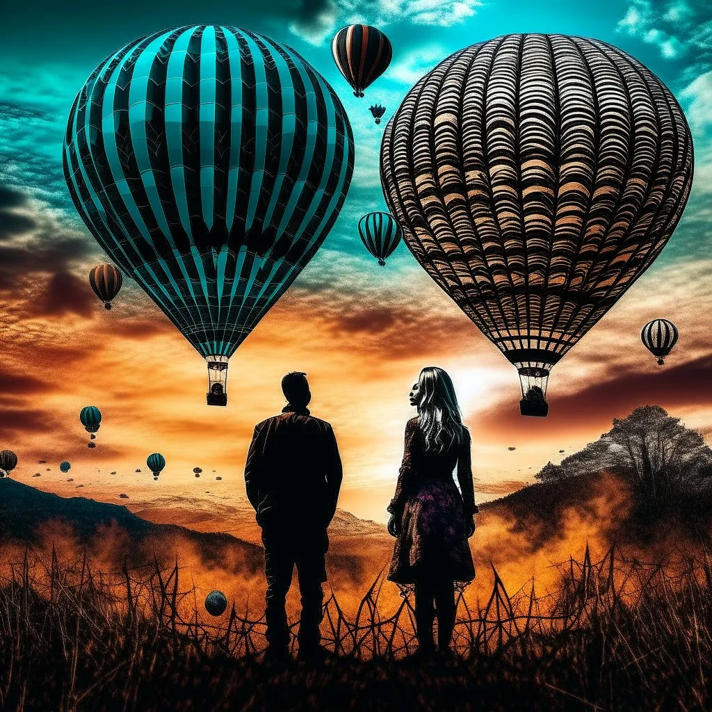 Double exposure photography blending distant silhouettes of a woman and a man against a dramatic sky with intricate patterns and hot air balloons on a textured surface juxtaposition of elements of nature and humanity in a visually compelling way, professional camera, zoom, edge lighting , cinematic, translucency, extrusion, gradient, mirror fade, contrast, 18K UHD