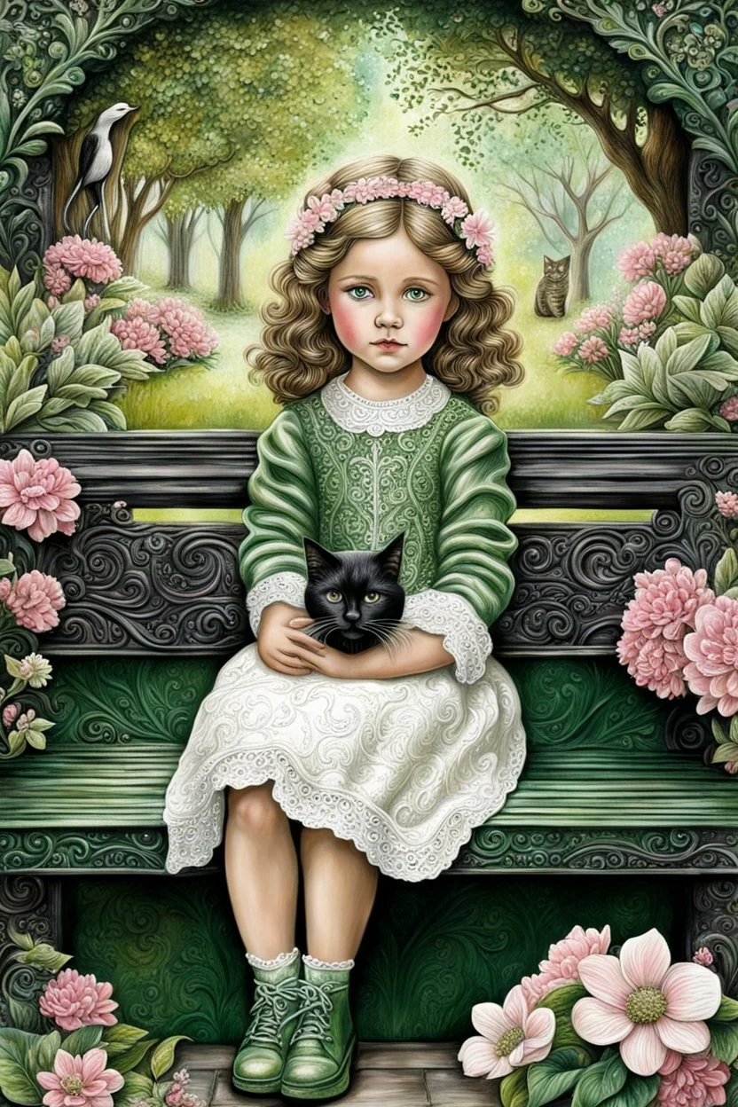 Mixed Media Dry Brush shimmering tones, 3D, highly textured, little girl with pretty green eyes, sitting on an ornate bench with her black cat in the park, flowers, shades of Sage green, white, and pink, beautifully embossed