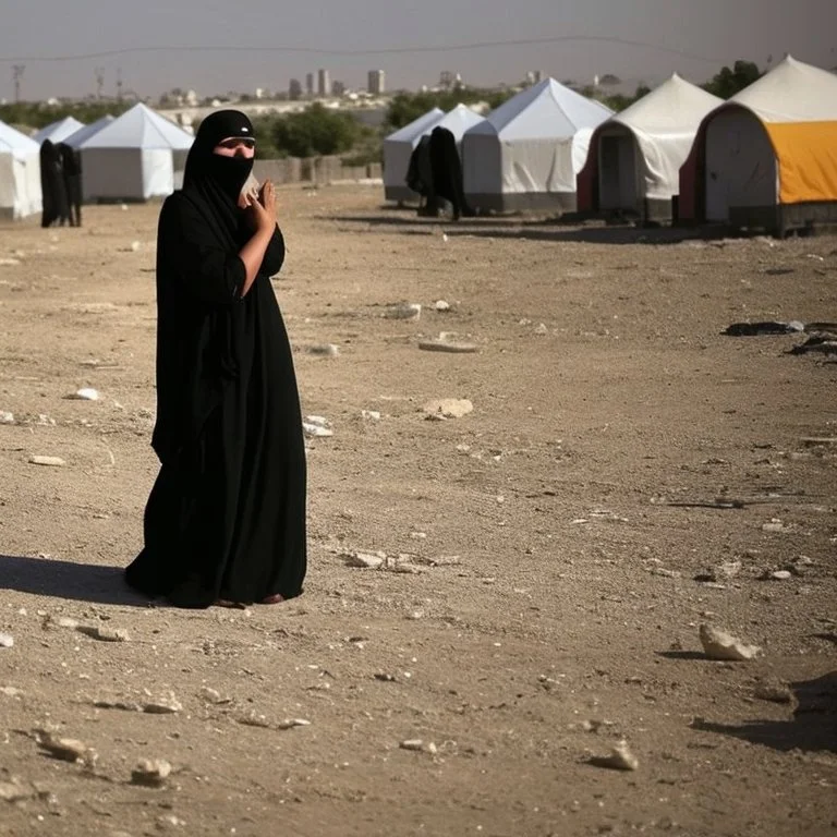 A Palestinian woman wearing the Palestinian dress carries her dead son as she screams and cries at night, with explosions in refugee tents behind her.