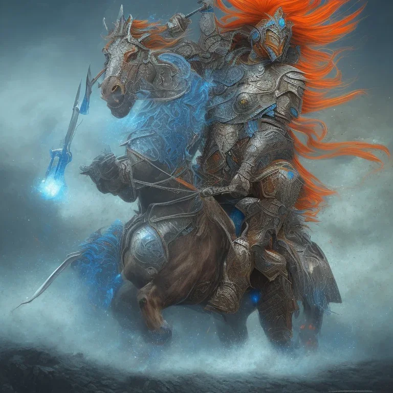 angry stallion in Blue and orange battle armor, bucking, a highly detailed illustration, background of Inka jungle, realistic render, 8 k, micro detail, intricate, elegant, centered, digital painting, Artstation, smooth, sharp focus, illustration, artgerm, tomasz alen kopera, peter mohrbacher, donato giancola, joseph christian leyendecker, wlop, boris vallejo