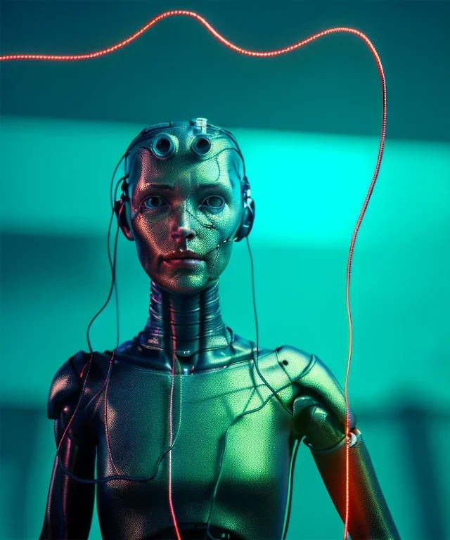 Ultra realistic photographic night portrait, cinematic, <sweet nordic woman> <hanging wires> <retro monitor> many wires coming out of the head <perfect pupil> <cyborg arm> <garage> <wide angle Shot> <sci-fi futuristic> <thriller>, neon lights, color fog, soft color, highly detailed, unreal engine 5, ray tracing, RTX, lumen lighting, ultra detail, volumetric lighting, high definition.