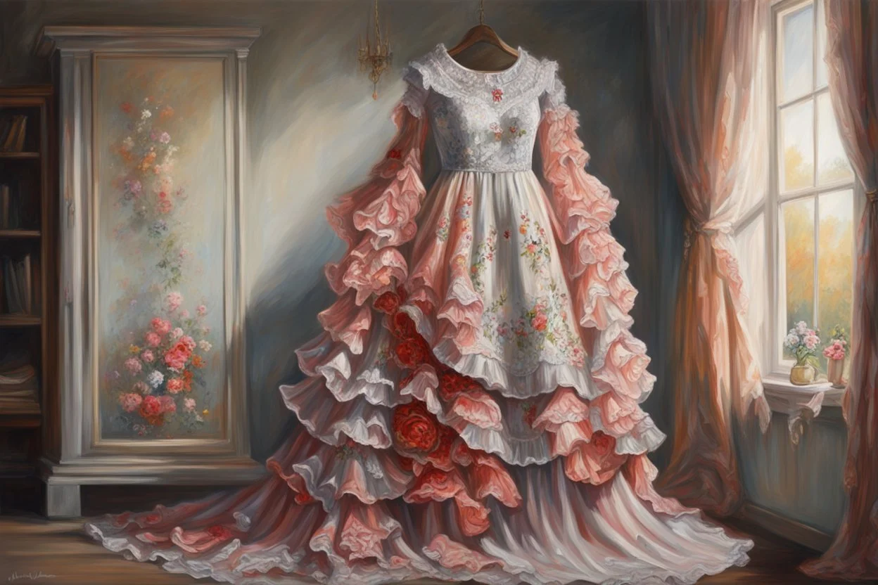 A beautiful romantic ruffled dress, decorated with beautiful embroidered flowers and lace, hanging on a hanger in a bedroom by the fireplace, in the light of the fireplace, Hyper realistic, oil on canvas award winning fantastic view ultra detailed acrylic art Ultra realistic Impressionism Surrealism simen johan, sharp focus intricate oil on canvas cinematic lighting photorealistic high detail ultra detailed crisp quality colourful