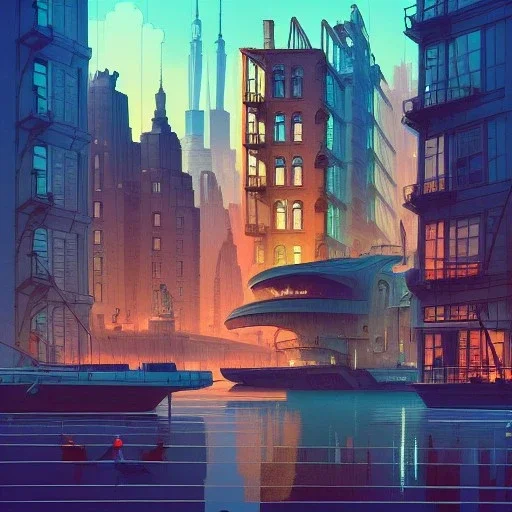 Harbour+interwarmodernism architecture+artdeco new york+detailed facades+Book illustration by Gediminas Pranckevičius, Jean Baptiste Monge, Brian Kesinger, Anton fadeev, strong lines, high contrast vibrant colors, highly detailed, 16k resolution, trending on behance""