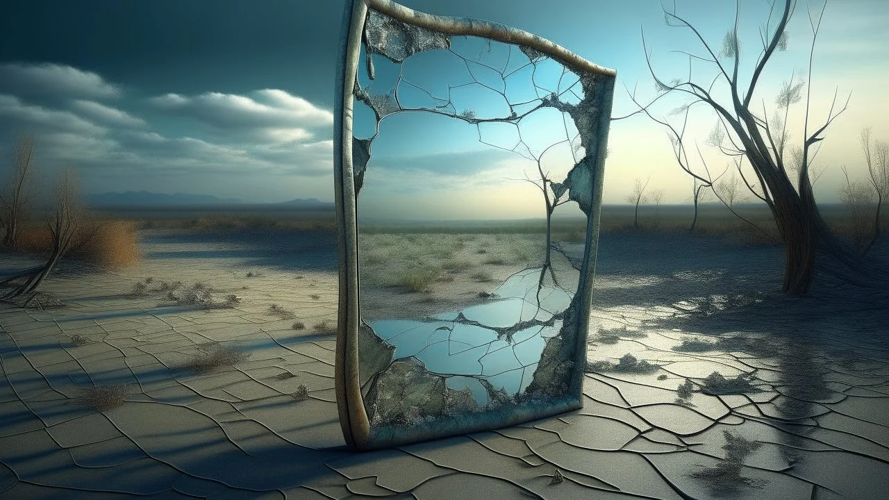 A realistic oil painting of an old, cracked mirror reflecting a vast, desolate landscape. The mirror surface is marred by imperfections, adding to the eerie, ghostly atmosphere. The empty mirror symbolizes lost memories and forgotten dreams, with distorted shapes and shadows in the reflection creating a surreal, haunting effect., split gradient color background, volumetric lighting, dimensional three-dimensional lighting