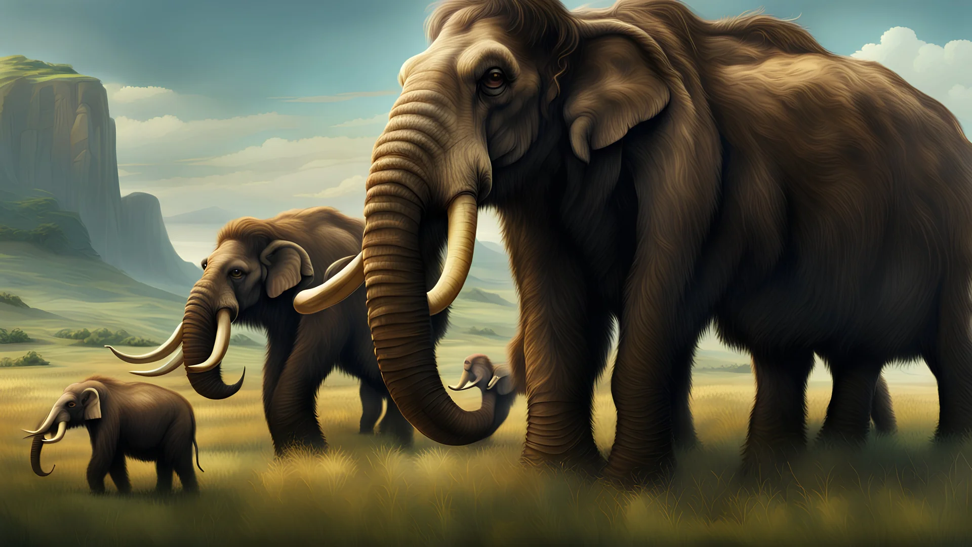 extinct mammoths in a typical grassland with intricately detailed faces, professional photography, a breathtaking background, natural environment, cinematic side light, long shot on DSLR 64 megapixels sharp focus, canon lens, Hyperrealistic, concept art, 16k resolution