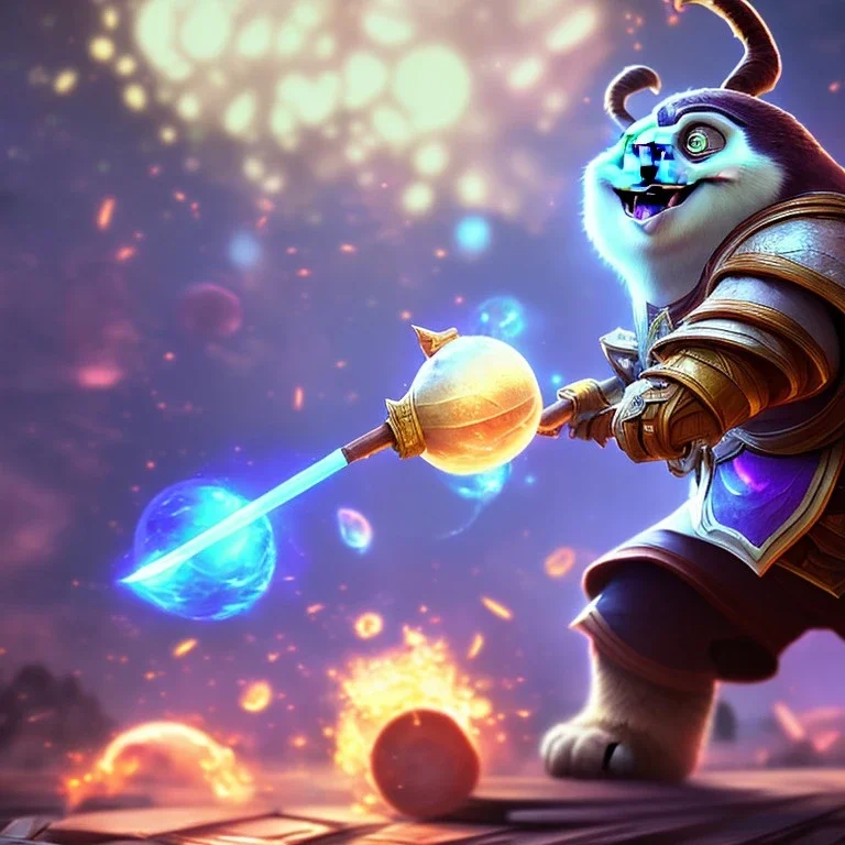 League of Legends style art, Oogway holding a wooden rod, high definition, magical powers, close shot, background galaxy