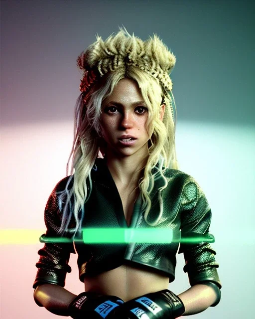 portrait, Shakira, blonde artist, angry, Realistic image, MMA robe, hoodie, mma gloves, fight pose, make-up make-up, gold line make-up, sweat, fog, goddess style, Neon colors, leds. Black background, photo studio, concept art, smooth, unreal engine 5, god lights, ray tracing, RTX, lumen lighting, ultra detail, volumetric lighting, 3d, finely drawn, high definition, 4k.