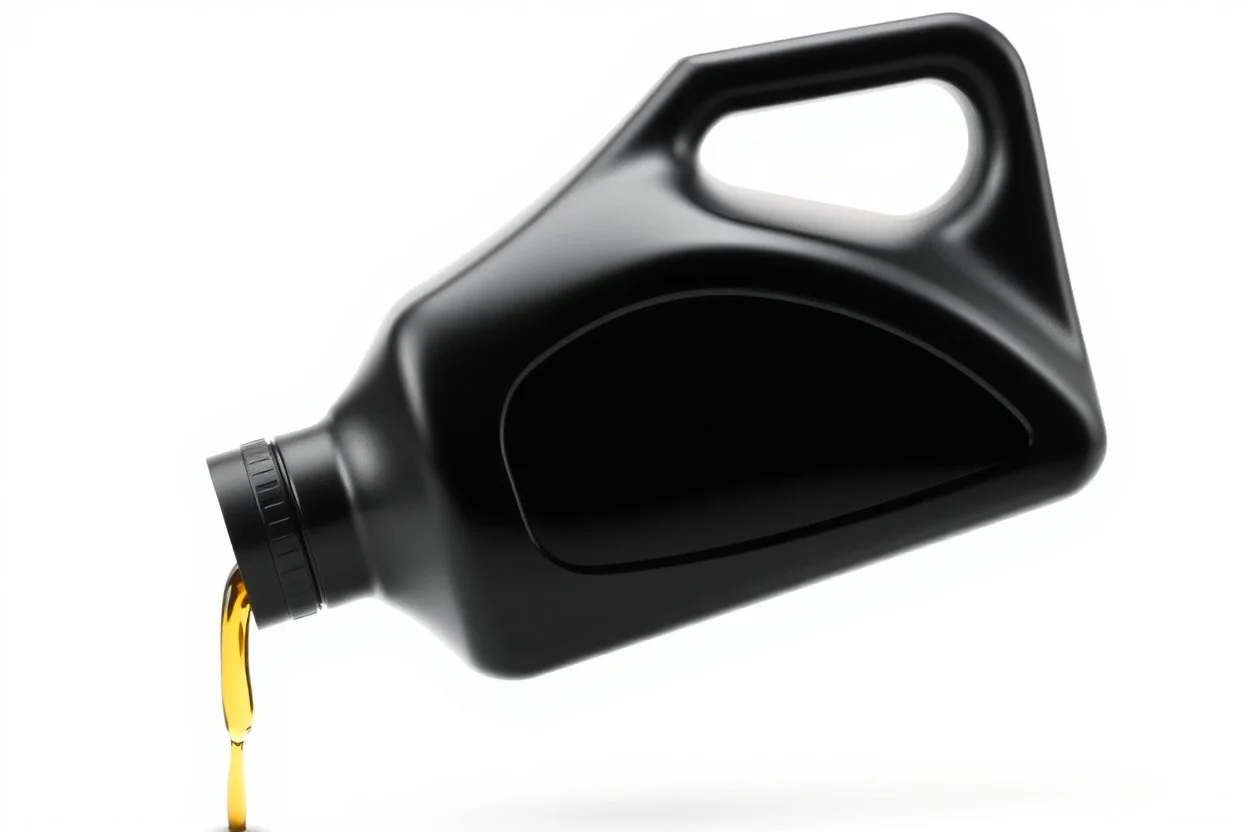 whole bottle(black plastic, 1 liter, quart, generic motor oil) floating on an angle in middle of image while pouring(oil) out of the opening. white background, Smooth vector