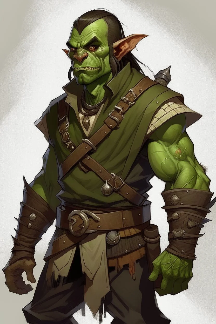 half orc twenty something man wearing rogue clothing, mischievous