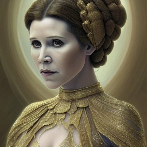 hyperspace background, complete and photo realistic detailed head to waist stunning photo realistic portrait of carrie fisher as Princess Leia in star wars with photo realistic minimal updo hair by Mandy Jurgens and mucha and Richard Schmid and chuck close and chie yoshii, extraordinary and detailed ceremony dress of star wars,brown eyes