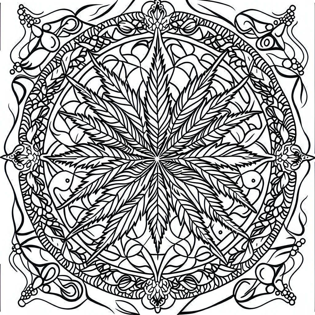 outline art for stoners coloring pages with A very simple stained glass style design featuring swirling smoke patterns and intricate cannabis leaf details., white background, sketch style, fully body, only use outline, mandala style, clean line art, white background, no shadows and clear and well outlined