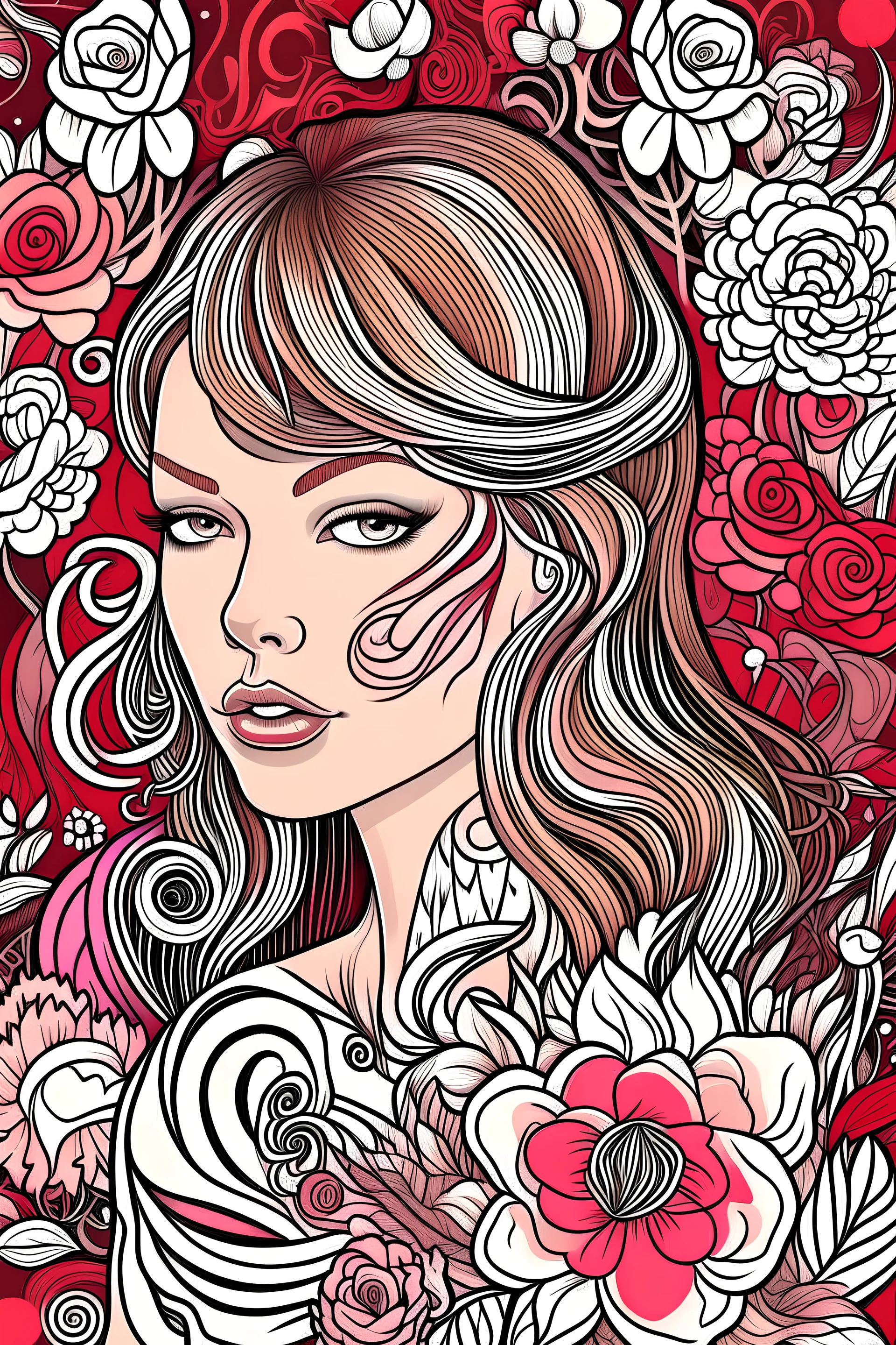 Design a coloring page inspired by Taylor Swift's 'Red' album, incorporating elements that represent the emotions and themes explored in the album's songs. Include imagery such as vibrant red hues, swirling emotions, and symbolic objects like roses, hearts, shattered glass, and tangled strings. Capture the essence of love, passion, heartbreak, and self-discovery depicted in the album's lyrics, creating a dynamic and evocative scene that fans can color and personalize.