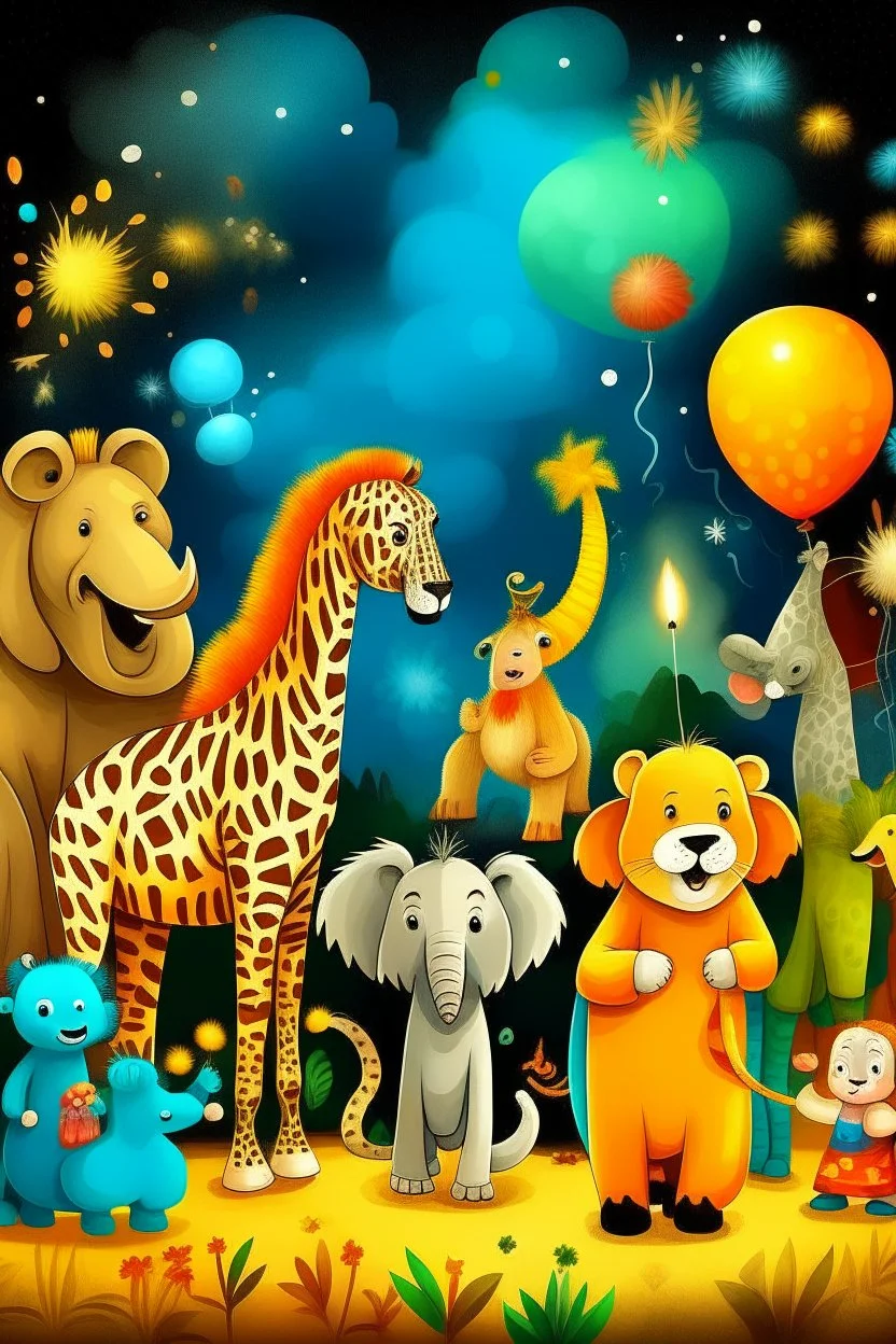 new year celebration fireworls family animals, elephant, bees, lion, bear, giraffe, tiger, peacock, panda