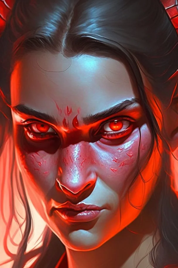 red skin, glowing fiery eyes