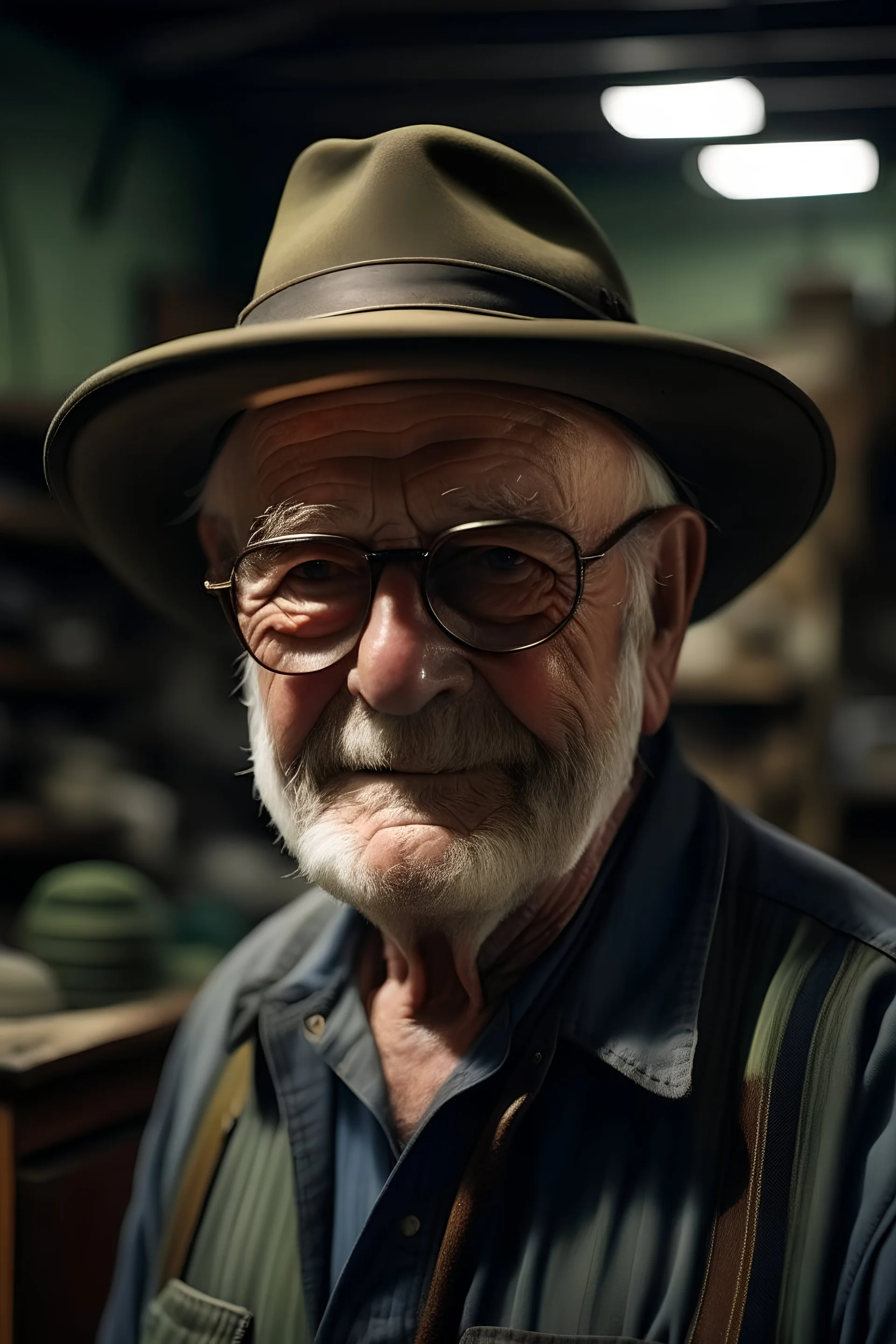 un retrato de un anciano con un sombrero de pesca y lentes oscuros en un taller mecánico