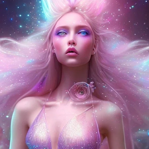 one big crystal glitter pink blue subtle galactic fairy in a galactic ambiance,glitter bikini, long blond hair down to the ground,transparent petals,blue eyes,delicate colors in the foreground, full of details, smooth，soft pink violet light atmosphere, light effect，vaporwave colorful, concept art, smooth, extremely sharp detail, finely tuned detail, ultra high definition, 8 k, unreal engine 5, ultra sharp focus