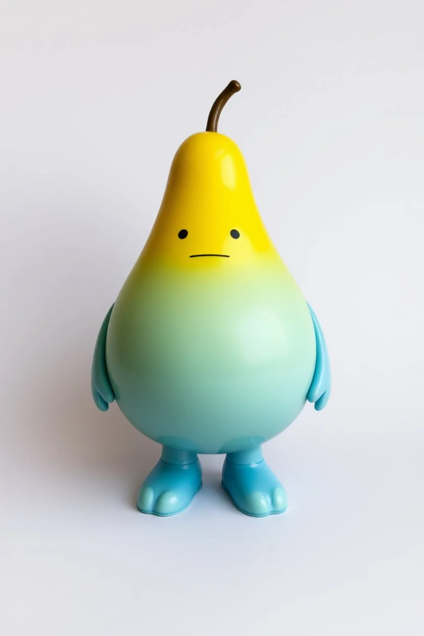 round pear shaped 3d character(bumps for legs, simple wide arms, face at top front of body, no head, no facial features) vinyl figure