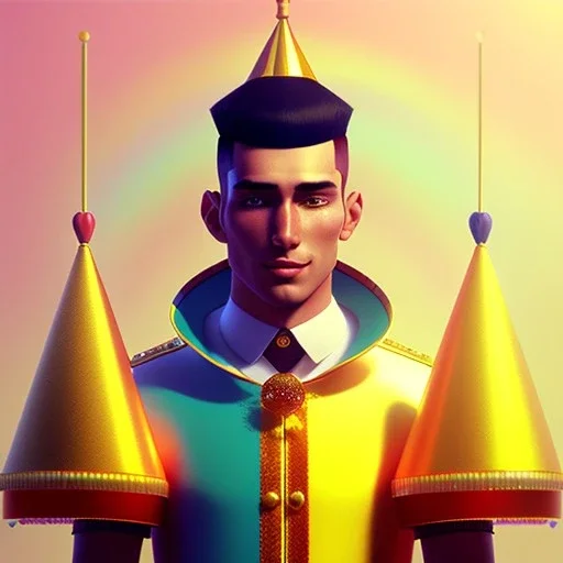 circus, ringleader, Arthur Kulkov, front, handsome, muscular, male, Russian, fantasy, anime, at dawn by atey ghailan, mystical colors, Golden hour, Lisa Frank fantasy