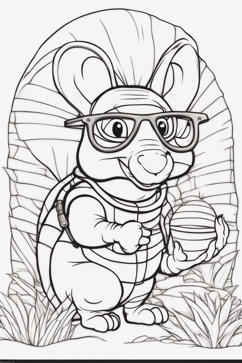 Outline art for cute coloring pages with armadillo with glasses, full body, white background, sketch style, only use outline, clean line art, no shadows and clear and well outlined.