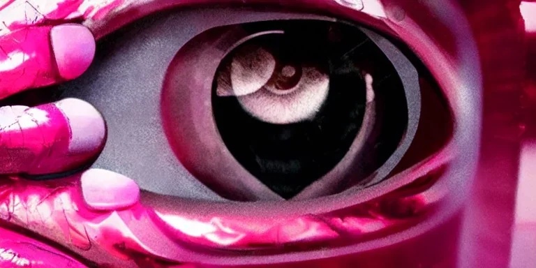 Extreme close-up of the human eye and the gleaming metallic pink to metallic red robotic eye of a cyborg assassin, soulless, cyberpunk technopunk, AbstractTech, rectangular, style of The Terminator