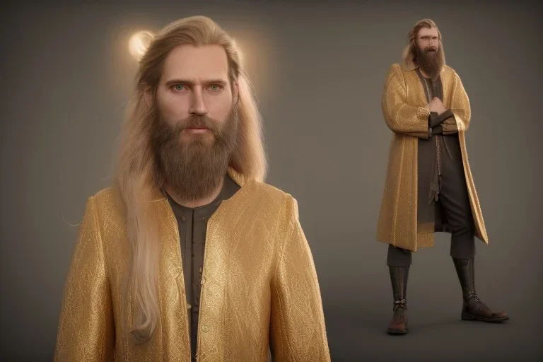 Blonde braided long haired bearded tall man wearing gold rings and long fur trimmed merchant's coat, dark background, dynamic lighting, full body character design, golden glowing eyes, medieval