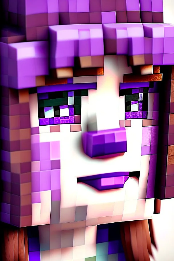 a close-up portrait of a purple Minecraft face, female, cute,3d, large pixel style