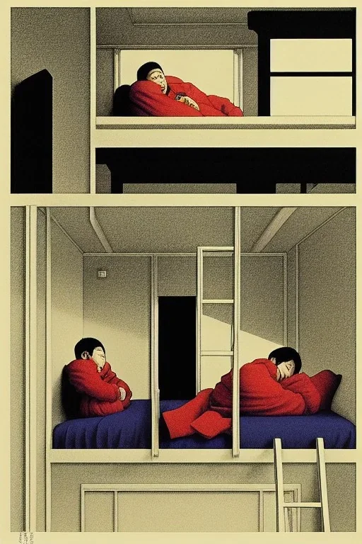 As monochrome image of workers exploited, living in hostels with bunk beds stacked on top of bunk beds, by kawase hasui, moebius and edward hopper, colorful flat surreal design, hd, 8 k, artstation