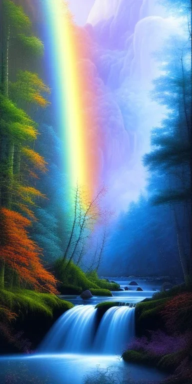 River up and down, rainbow, waterfall, forest, moon, mist