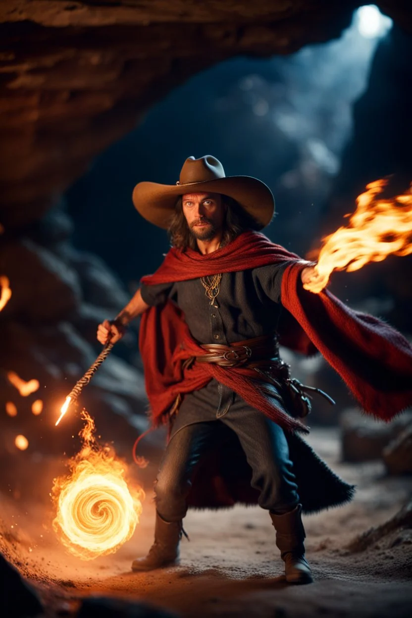 magic swirl, strong winds, true grit, Mexican native stand off fast draw poncho cowboy wizard punching fire ball whip while taking sight wand slinger, in dark cave ,bokeh like f/0.8, tilt-shift lens 8k, high detail, smooth render, down-light, unreal engine