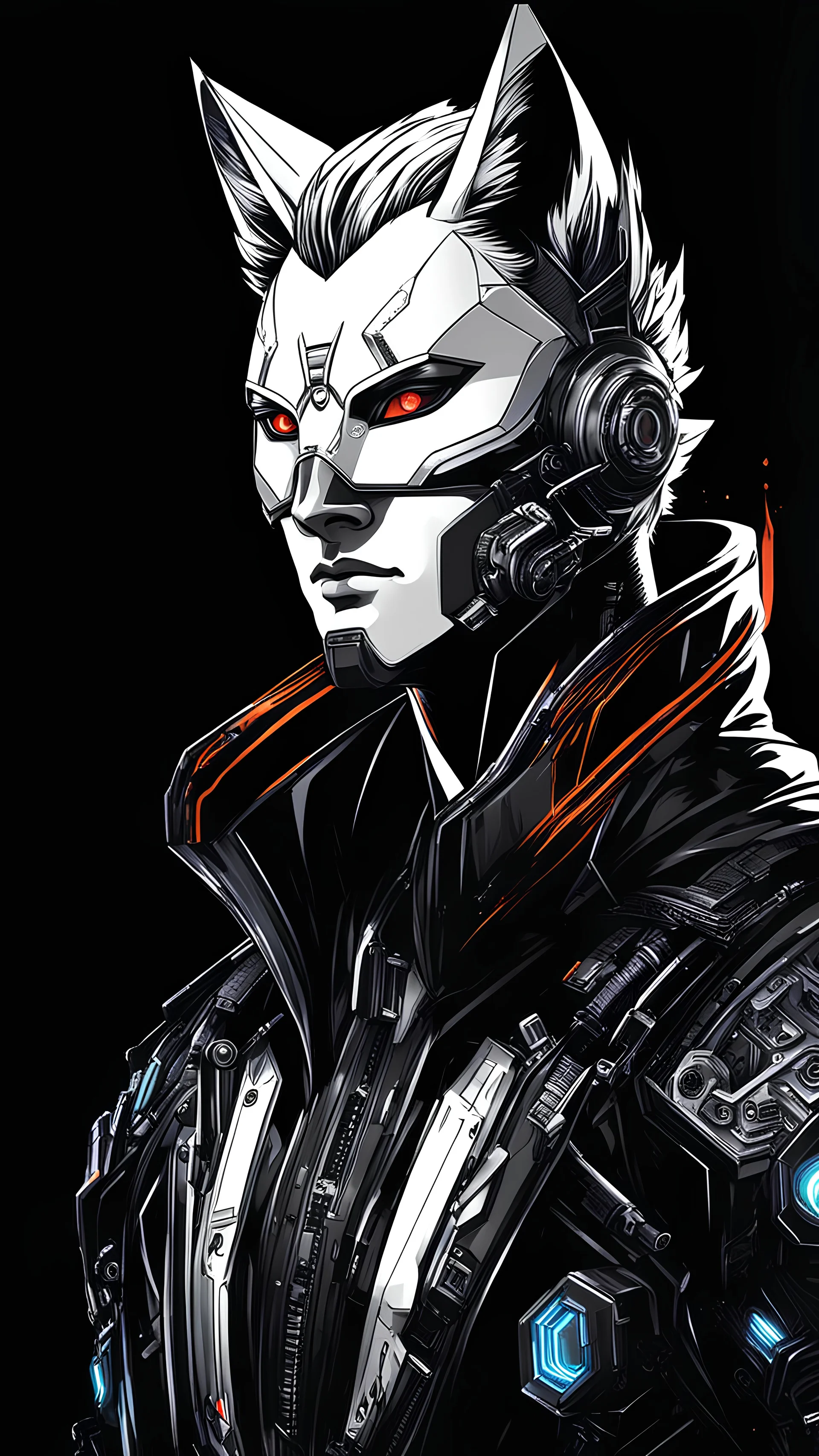 Kitsune hombre cyberpunk retrato, аrte lineal, fondo negro, cuerpo completo retrato