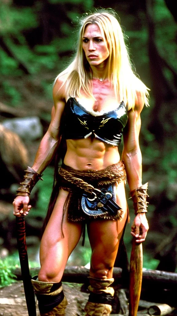 Amy Jo Johnson as hunter , Very muscular woman with long blonde hair in barbarian clothes with a bow