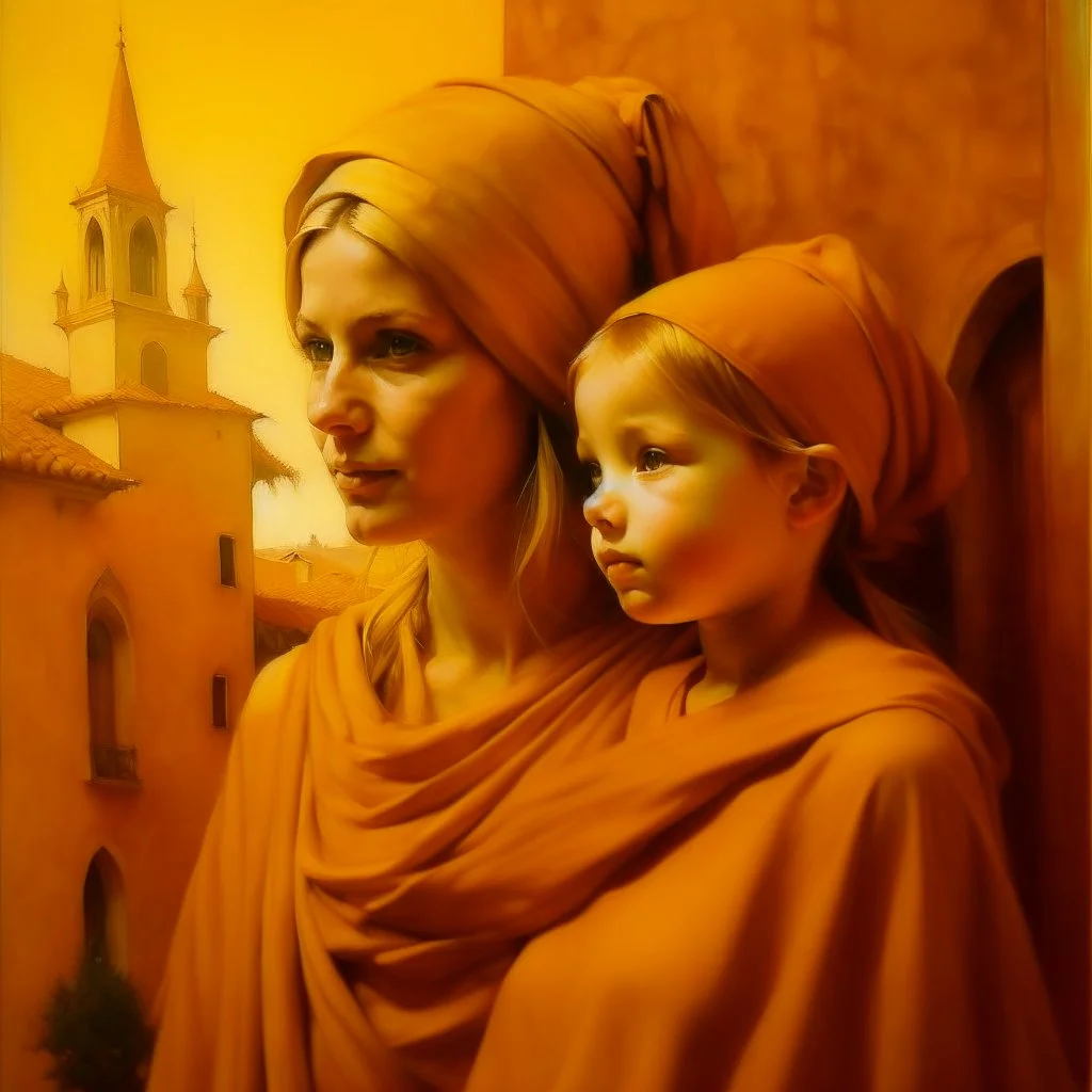 Neoclassicism realistic yellow orange tuscany woman and child