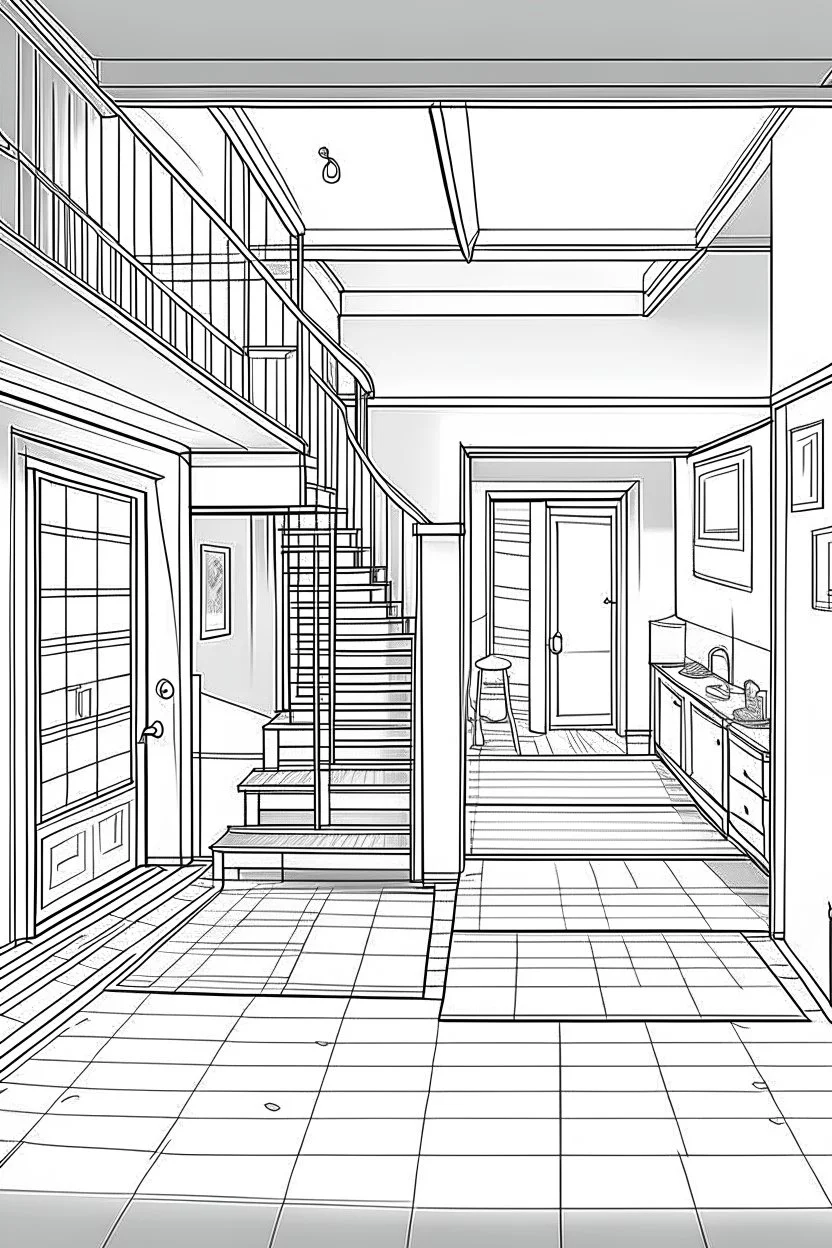 Outline art, house design, basement, no shading, no lines, cartoon style, --ar 9:11