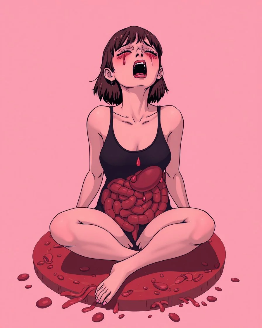 Petit weird woman crushed inside really darkred fleshy stomach filled with digestive juices, sit pose, fullbody, screaming, tears, Junji Ito style, pink tones, pastel tetradic colors, 3D vector art, isometric style, retro aesthetic,