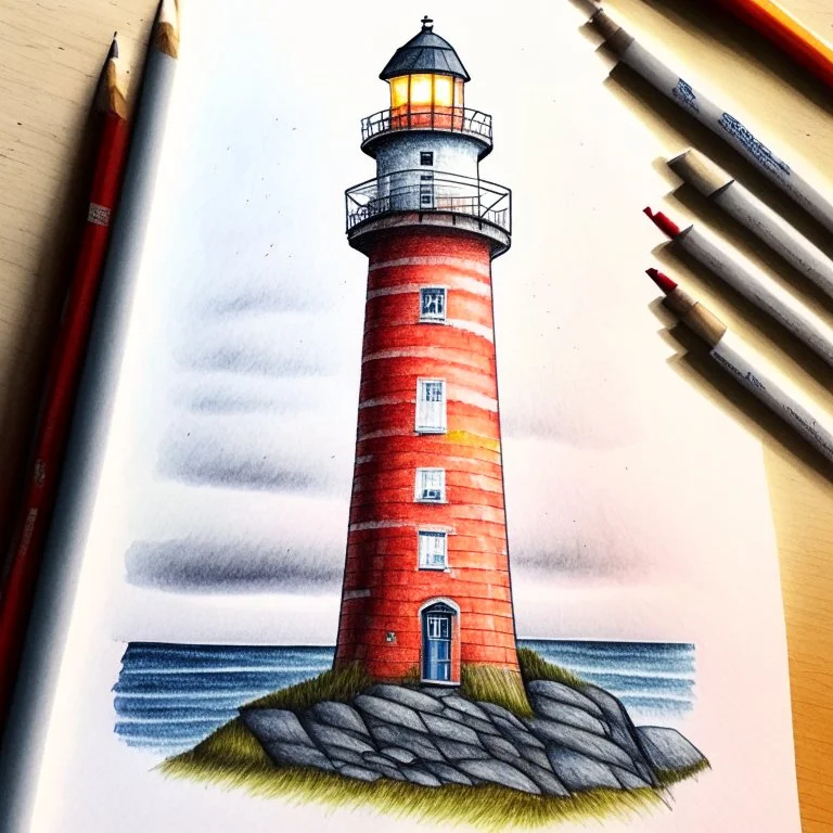 A colored pencil drawing of the brick lighthouse Lista Lighthouse in Norway