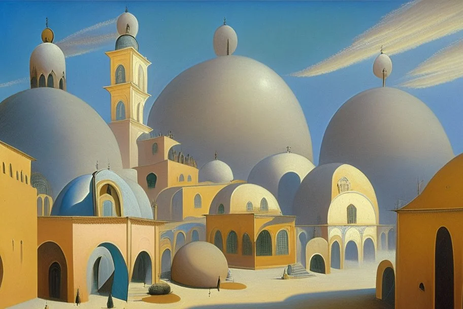 A surreal town with arches and domes, clouds and with long shadows by artist "Berndnaut" and "Leonora Carrington" and "de Chirico"